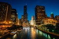The Chicago River at night, in Chicago, Illinois Royalty Free Stock Photo