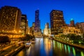 The Chicago River at night, in Chicago, Illinois Royalty Free Stock Photo