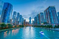 The Chicago River at night, in Chicago, Illinois