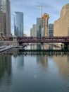 Chicago River scenics with architecture, reflections, ducks, construction Royalty Free Stock Photo