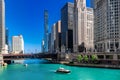 Chicago river sightseeing boat cruise, Chicago city downtown skyscrapers skyline, Illinois, USA Royalty Free Stock Photo