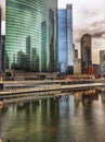 Chicago`s cityscape multi-colored reflection on a freezing Chicago River in January