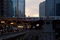 Classic view of Chicago`s Elevated `el` Train passing over Wacker Drive at Sunset Royalty Free Stock Photo