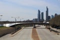 Chicago`s Lake Shore Drive is empty at BP Pedestrian Bridge during pandemic stay at home order Royalty Free Stock Photo