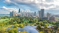 Chicago skyline aerial drone view from above, city of Chicago downtown skyscrapers cityscape drone view from park, Illinois, USA Royalty Free Stock Photo