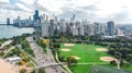 Chicago skyline aerial drone view from above, lake Michigan and city of Chicago downtown skyscrapers cityscape bird`s view Royalty Free Stock Photo