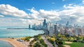 Chicago skyline aerial drone view from above, lake Michigan and city of Chicago downtown skyscrapers cityscape bird`s view