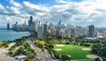 Chicago skyline aerial drone view from above, lake Michigan and city of Chicago downtown skyscrapers cityscape bird`s view Royalty Free Stock Photo