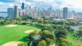 Chicago skyline aerial drone view from above, lake Michigan and city of Chicago downtown skyscrapers cityscape bird`s view Royalty Free Stock Photo