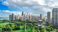 Chicago skyline aerial drone view from above, lake Michigan and city of Chicago downtown skyscrapers cityscape bird`s view Royalty Free Stock Photo