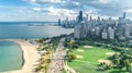 Chicago skyline aerial drone view from above, lake Michigan and city of Chicago downtown skyscrapers cityscape from Lincoln park Royalty Free Stock Photo