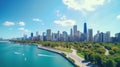 Chicago skyline aerial drone view from above, lake Michigan and city of Chicago downtown skyscrapers