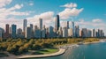 Chicago skyline aerial drone view from above, lake Michigan and city of Chicago downtown skyscrapers