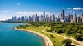 Chicago skyline aerial drone view from above, lake Michigan and city of Chicago downtown skyscrapers Royalty Free Stock Photo