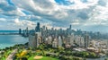 Chicago skyline aerial drone view from above, lake Michigan and city of Chicago downtown skyscrapers cityscape bird`s view, USA Royalty Free Stock Photo