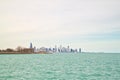 Chicago skyline as seen from south side lakeshore of Lake Michigan on a frigid winter day Royalty Free Stock Photo