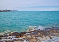 Chicago skyline as seen from south side lakeshore of Lake Michigan on a frigid winter day Royalty Free Stock Photo