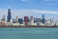 Chicago skyline with blue sky and lake Michigan