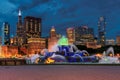 Chicago skyline and Buckingham fountain at night Royalty Free Stock Photo