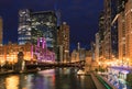 Chicago Skyline, skyscraper and river at night