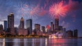 Chicago Skyline with Fireworks Over Lake Michigan at Night Royalty Free Stock Photo