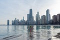 Chicago Skyline with High Water Levels from Lake Michigan and an Orange Ladder with Flowers