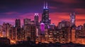 Chicago skyline with illuminated skyscrapers at sunset, USA. Generative AI Royalty Free Stock Photo