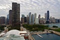 The Chicago Skyline and Lake Michigan seen from a gondola on the Navy Pier Ferris Wheel. Royalty Free Stock Photo