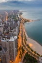 Chicago skyline and lake Michigan at sunset Royalty Free Stock Photo