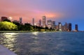 Chicago skyline at night across Lake Michigan Royalty Free Stock Photo