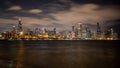 Chicago skyline at night during Christmas. View from Adler Planetarium