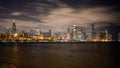 Chicago skyline at night during Christmas. View from Adler Planetarium