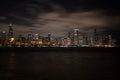 Chicago skyline at night during Christmas. View from Adler Planetarium