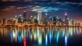 Chicago skyline at night with reflection. Generative AI Royalty Free Stock Photo