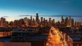 Chicago skyline panorama at sunset with urban skyscrapers and street lights. Generative AI Royalty Free Stock Photo