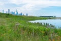 Chicago Skyline with a Pond and Field at Northerly Island Royalty Free Stock Photo