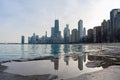 Chicago Skyline Reflected on the Lakefront Trail with Lake Michigan and Ice Royalty Free Stock Photo