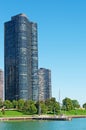 Chicago skyline with sailboat in the park district, dock and pier of Michigan Lake shoreline Royalty Free Stock Photo