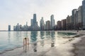 Chicago Skyline with High Water Levels from Lake Michigan and an Orange Ladder with Flowers