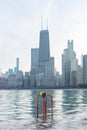 Chicago Skyline with High Water Levels from Lake Michigan and an Orange Ladder with Flowers