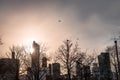 Chicago skyline Silhouette with two airplanes flying over the city Royalty Free Stock Photo