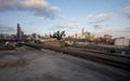 Chicago skyline with St. Charles Air Line Bridge. View from Amtrak Chicago Car Yard.