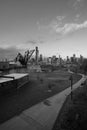 Chicago skyline with St. Charles Air Line Bridge. View from Ping Tom memorial park. Black and white. Royalty Free Stock Photo