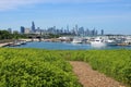 Chicago skyline and 31st St harbor seen from Burnham Wildlife Corridor