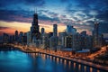 Chicago skyline at sunset, Illinois, United States of America, USA, Chicago skyline aerial drone view from above, AI Generated Royalty Free Stock Photo
