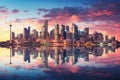 Chicago skyline at sunset with reflection in lake Michigan, Illinois, USA, Sydney City panoramic view, Australia, July, Royalty Free Stock Photo