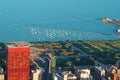 Chicago: skyline at sunset seen through the glass of the Willis Tower observation deck on September 22, 2014 Royalty Free Stock Photo