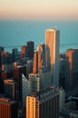 Chicago: skyline at sunset seen through the glass of the Willis Tower observation deck Royalty Free Stock Photo