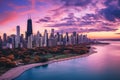 Chicago skyline at sunset with skyscrapers and lake, Illinois, USA, Chicago skyline aerial drone view from above, AI Generated Royalty Free Stock Photo