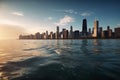 Chicago skyline at sunset with skyscrapers and lake Michigan, generative ai Royalty Free Stock Photo
